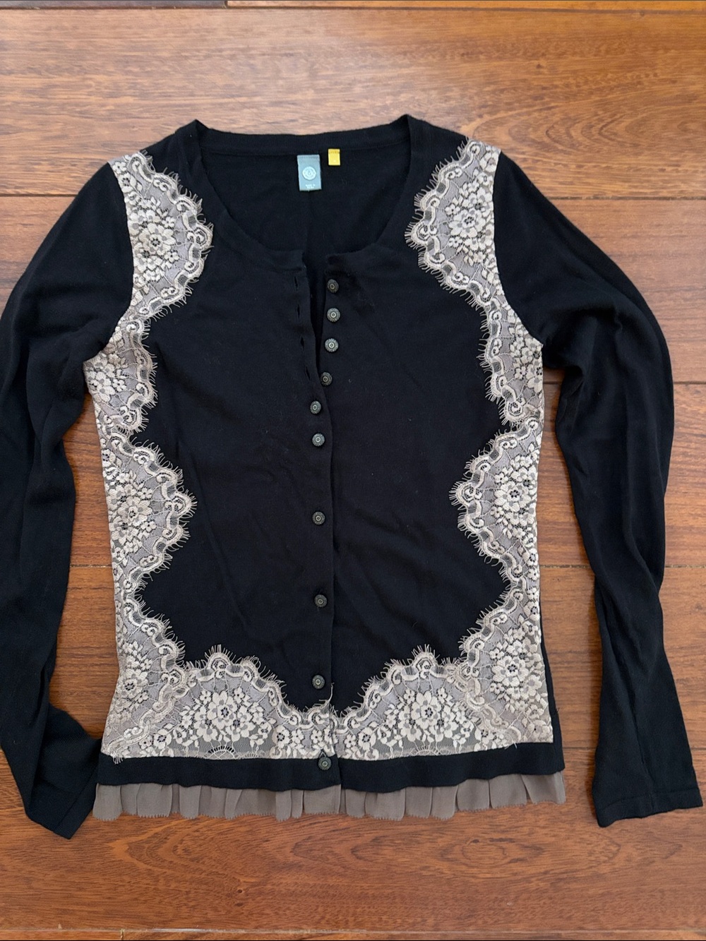 Knitted & Knotted Black Lace-Trim Button-Front Cardigan with Contrast Lace